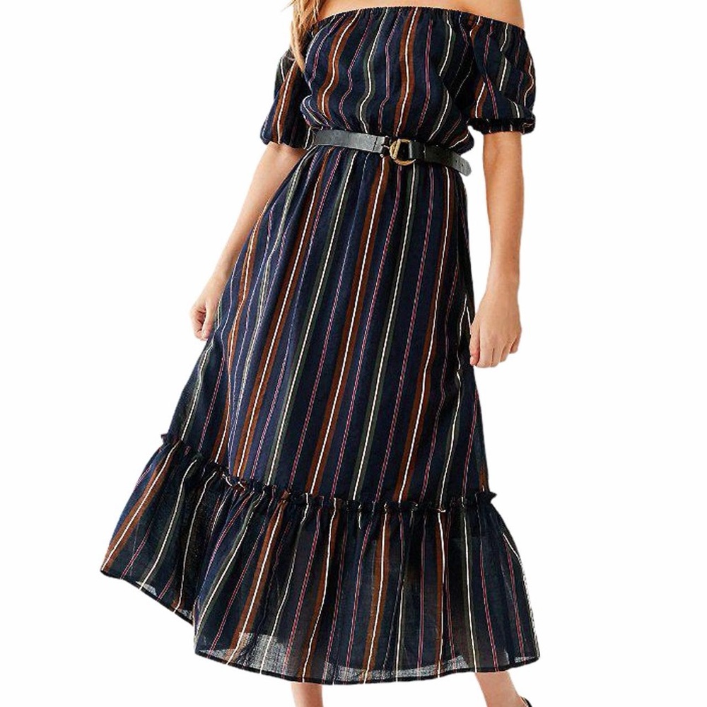Urban Outfitters Blue Off the Shoulder Ruffle Hem Striped Maxi Dress